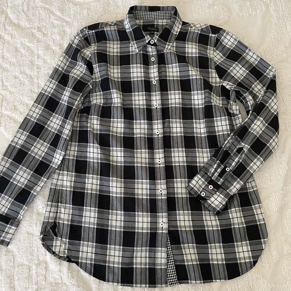 Talbots Black White Plaid Cotton Button Down Shirt Long Sleeve Preppy Holiday M